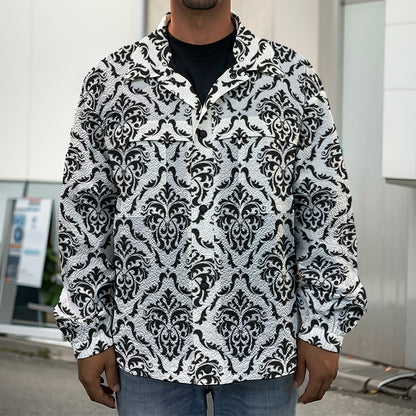 White And Black Damask Pattern Print Men's Shirt Jacket