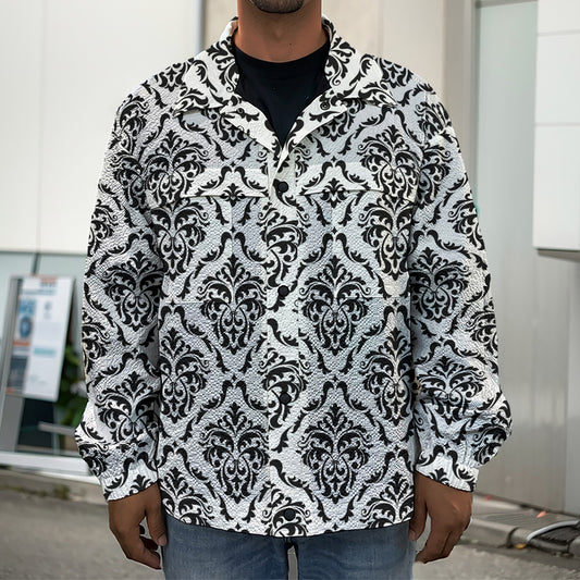 White And Black Damask Pattern Print Men's Shirt Jacket