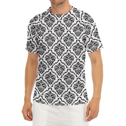 White And Black Damask Pattern Print Men's Short Sleeve Rash Guard