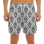 White And Black Damask Pattern Print Men's Split Running Shorts