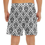 White And Black Damask Pattern Print Men's Split Running Shorts