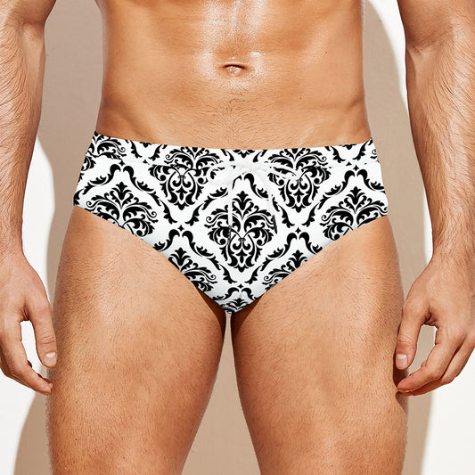 White And Black Damask Pattern Print Men's Swim Briefs