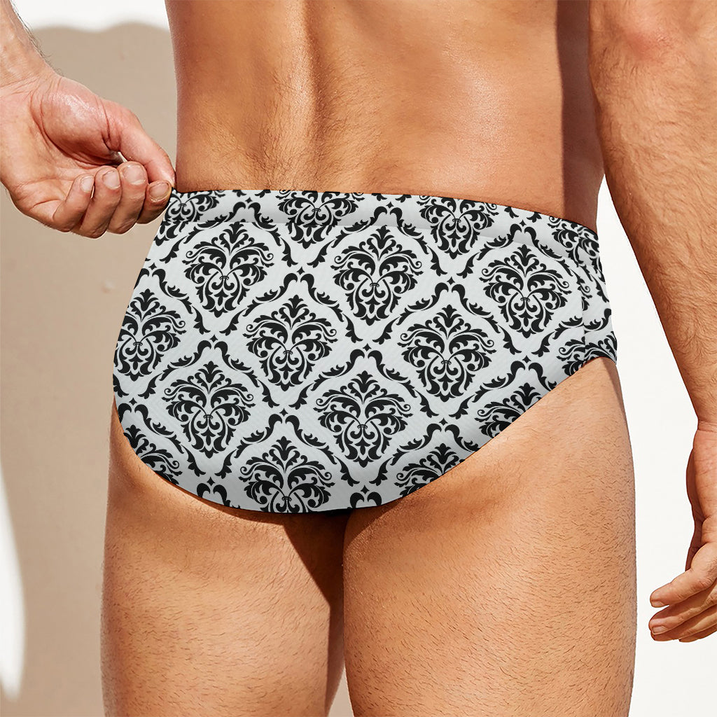 White And Black Damask Pattern Print Men's Swim Briefs