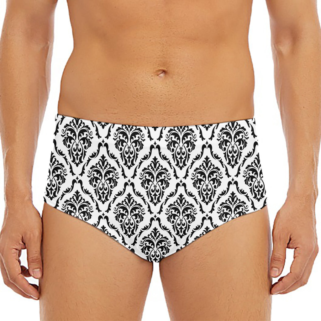 White And Black Damask Pattern Print Men's Triangle Swim Briefs