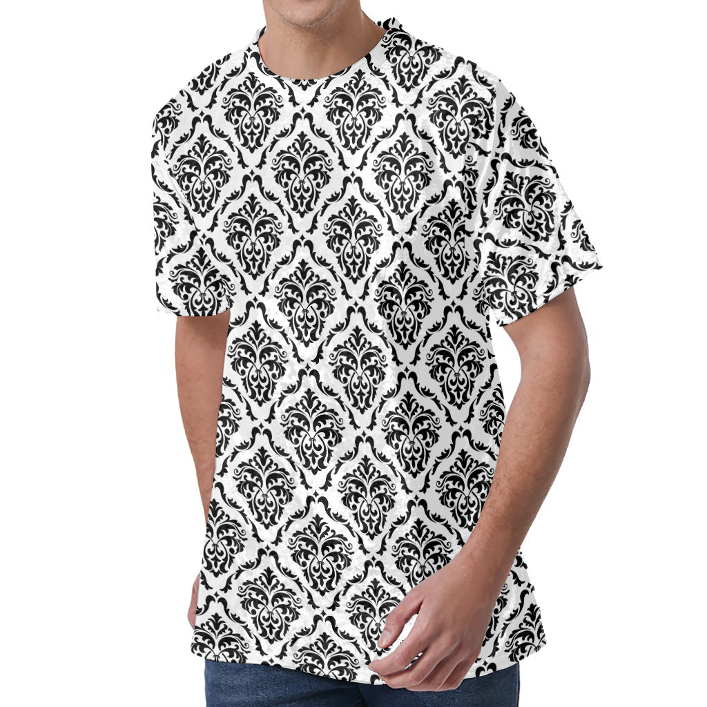 White And Black Damask Pattern Print Men's Velvet T-Shirt