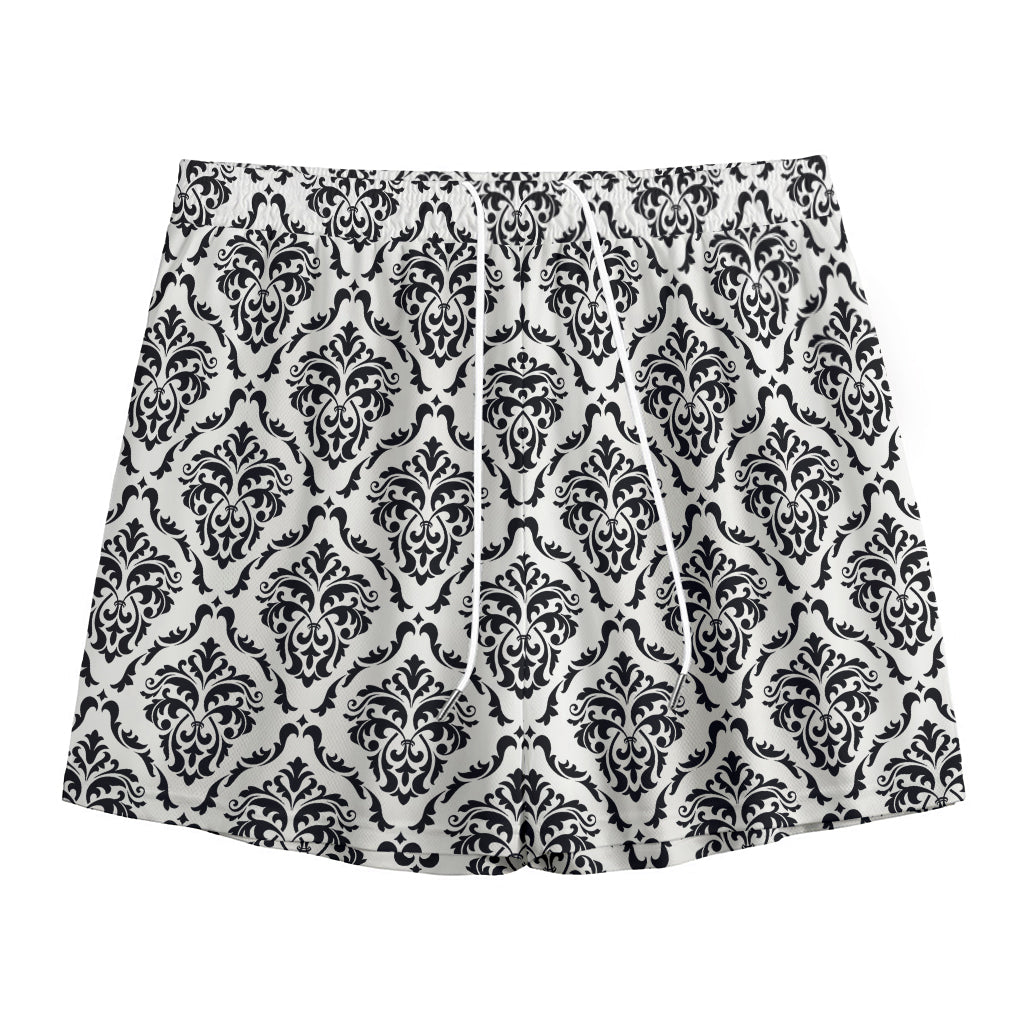 White And Black Damask Pattern Print Mesh Shorts