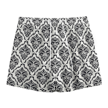 White And Black Damask Pattern Print Mesh Shorts