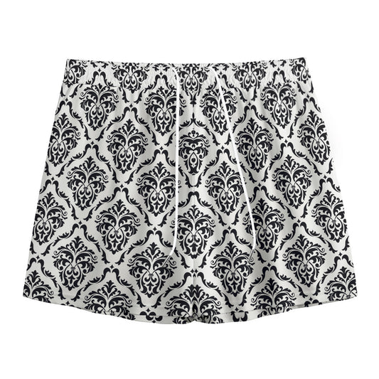 White And Black Damask Pattern Print Mesh Shorts