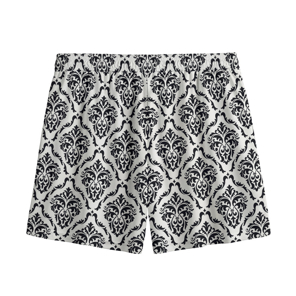White And Black Damask Pattern Print Mesh Shorts