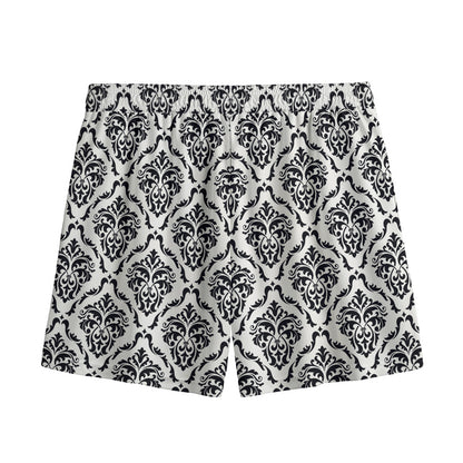 White And Black Damask Pattern Print Mesh Shorts