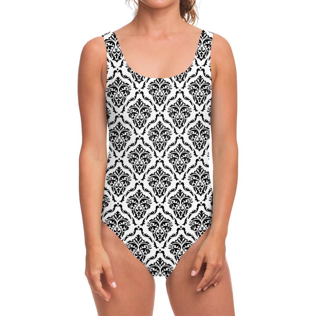 White And Black Damask Pattern Print One Piece Swimsuit