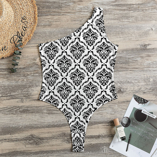 White And Black Damask Pattern Print One Shoulder Bodysuit