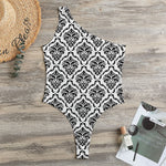 White And Black Damask Pattern Print One Shoulder Bodysuit