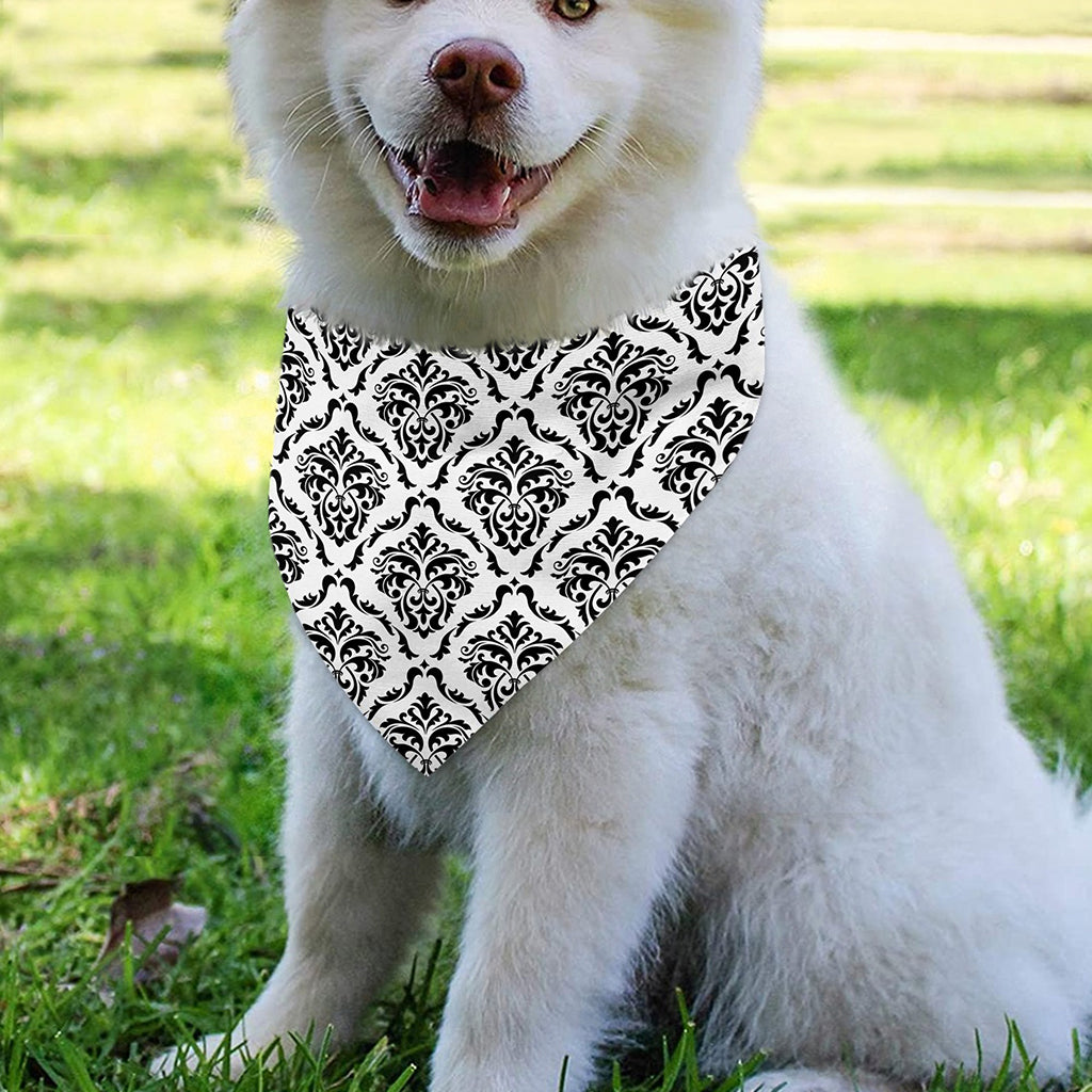 White And Black Damask Pattern Print Over The Collar Dog Bandana