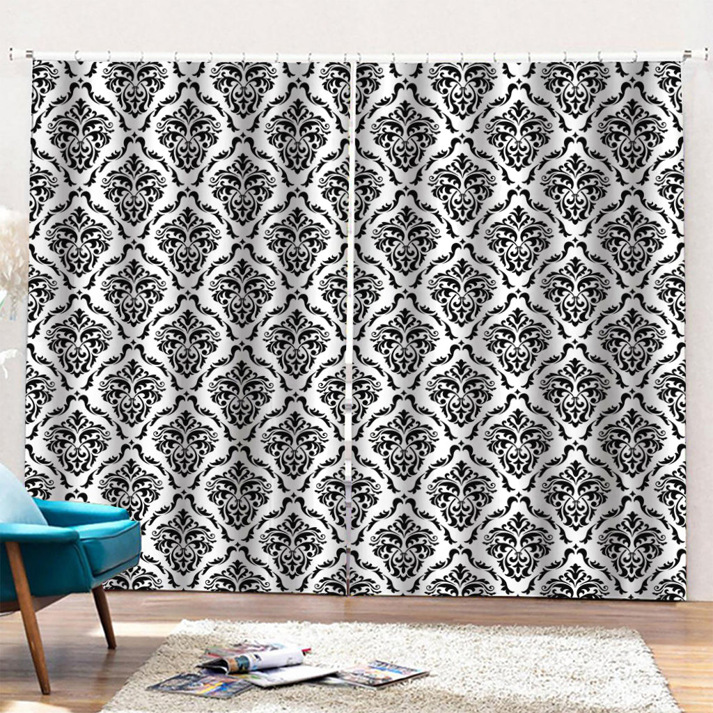 White And Black Damask Pattern Print Pencil Pleat Curtains