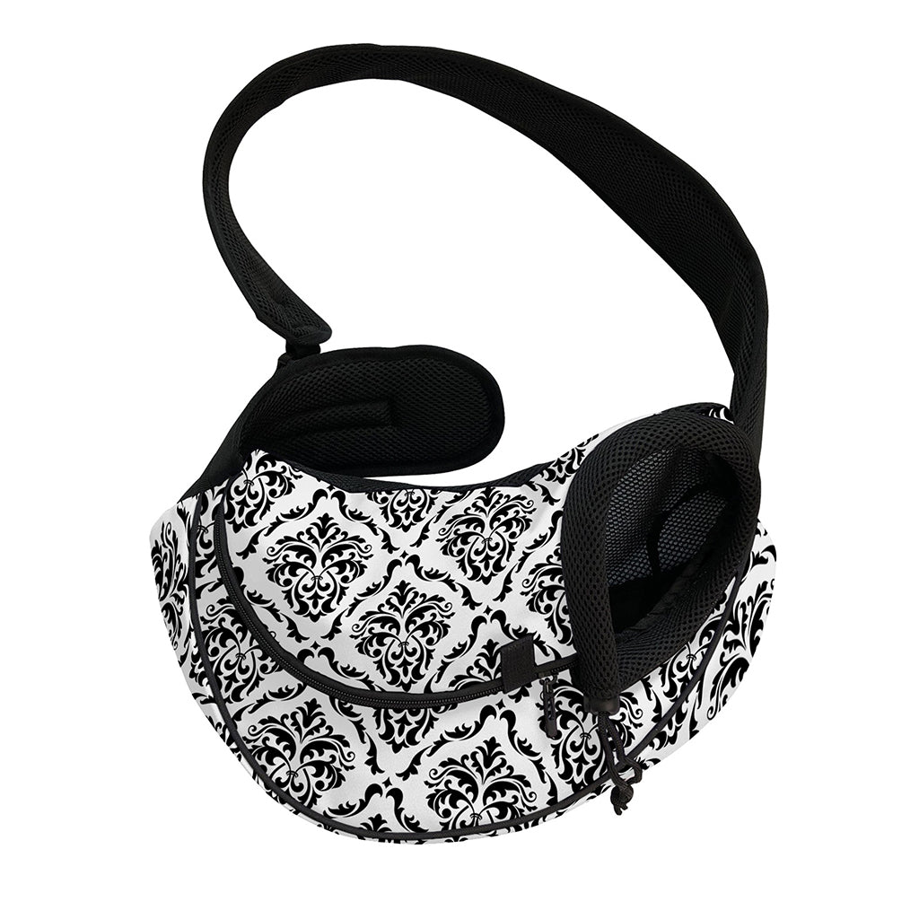 White And Black Damask Pattern Print Pet Sling Carrier
