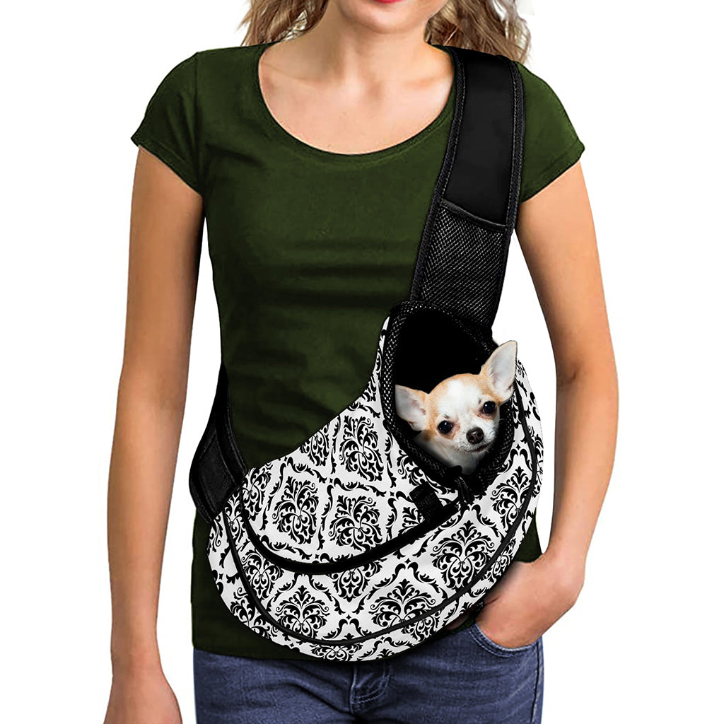 White And Black Damask Pattern Print Pet Sling Carrier