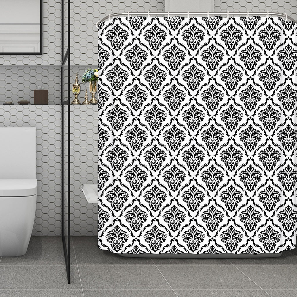 White And Black Damask Pattern Print Polyester Shower Curtain