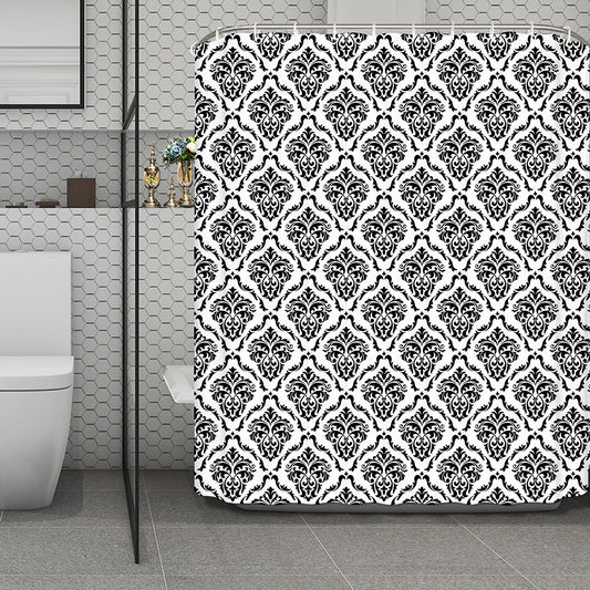 White And Black Damask Pattern Print Polyester Shower Curtain