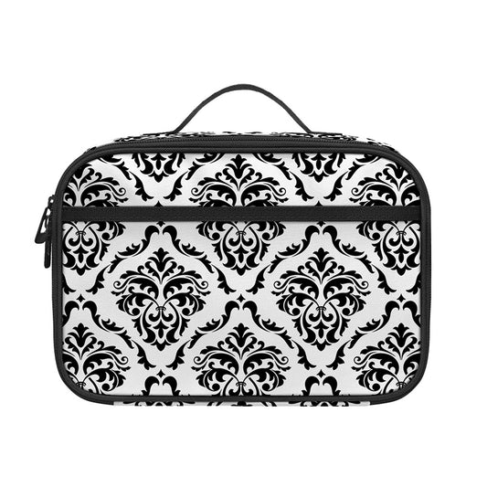 White And Black Damask Pattern Print Portable Lunch Bag