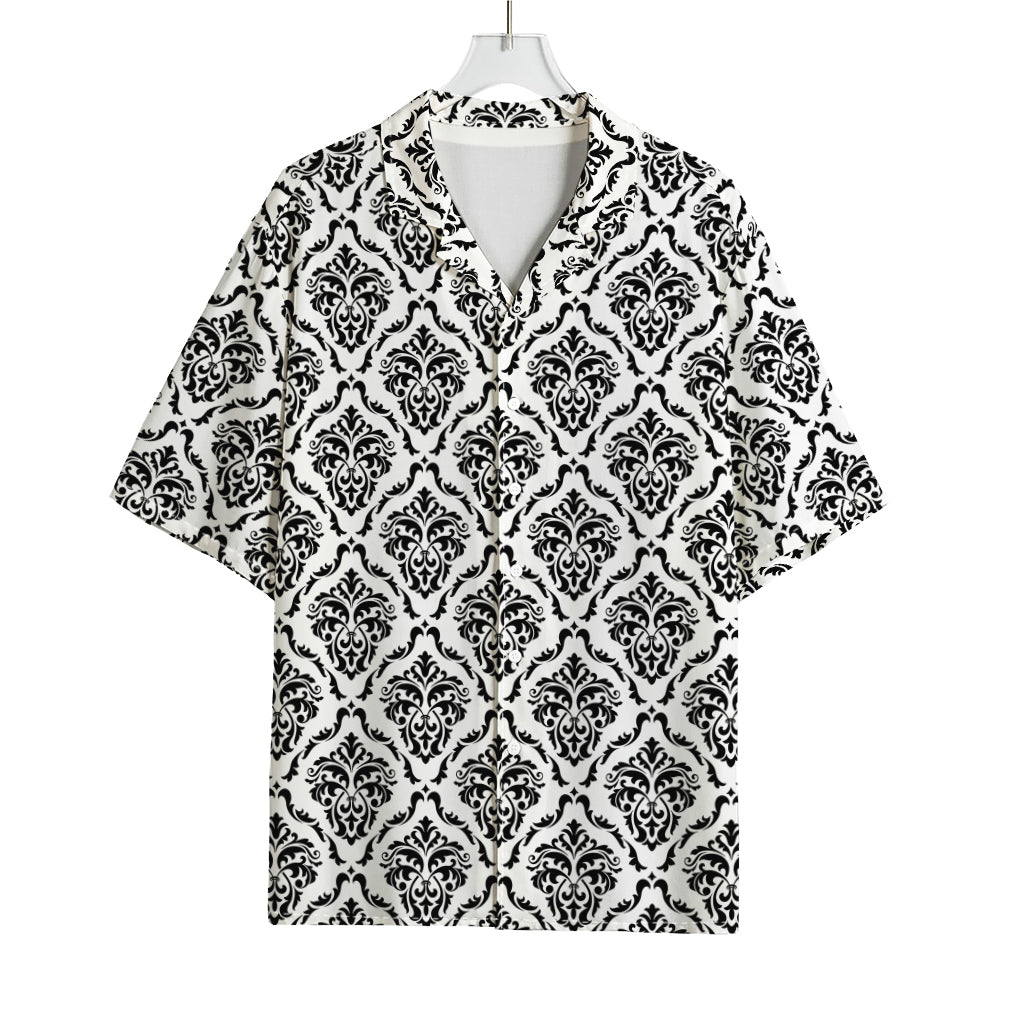 White And Black Damask Pattern Print Rayon Hawaiian Shirt