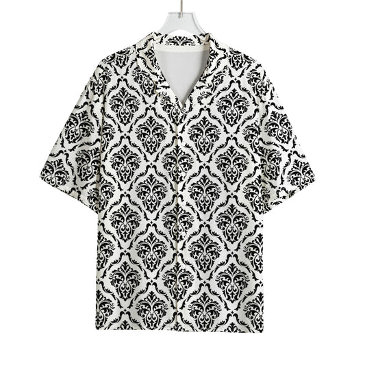 White And Black Damask Pattern Print Rayon Hawaiian Shirt
