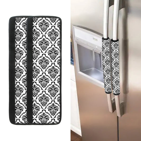 White And Black Damask Pattern Print Refrigerator Handle Covers