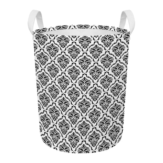 White And Black Damask Pattern Print Round Laundry Basket