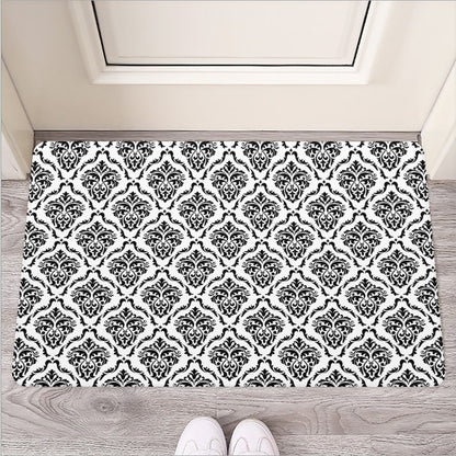 White And Black Damask Pattern Print Rubber Doormat