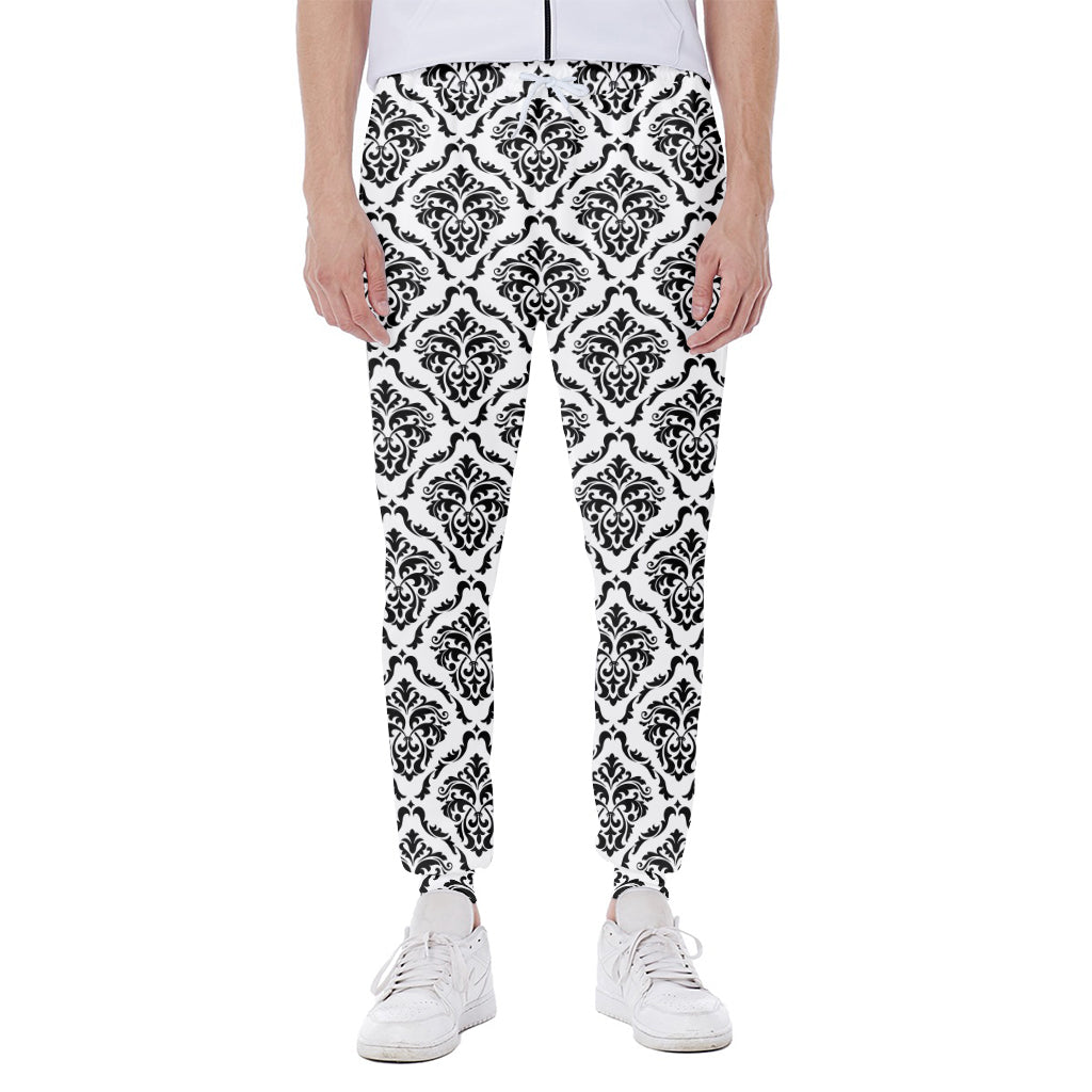 White And Black Damask Pattern Print Scuba Joggers