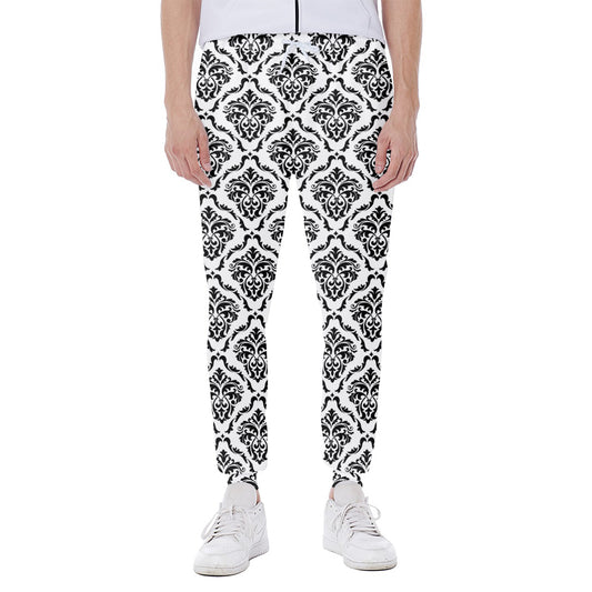 White And Black Damask Pattern Print Scuba Joggers