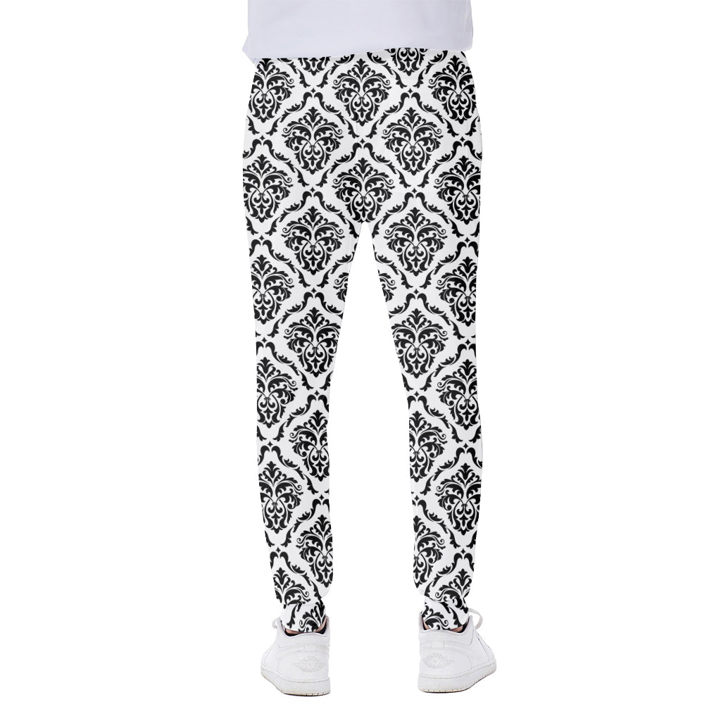 White And Black Damask Pattern Print Scuba Joggers