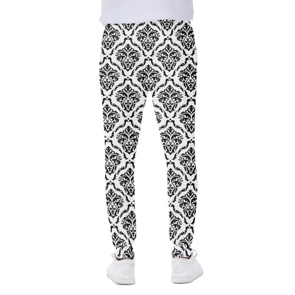 White And Black Damask Pattern Print Scuba Joggers