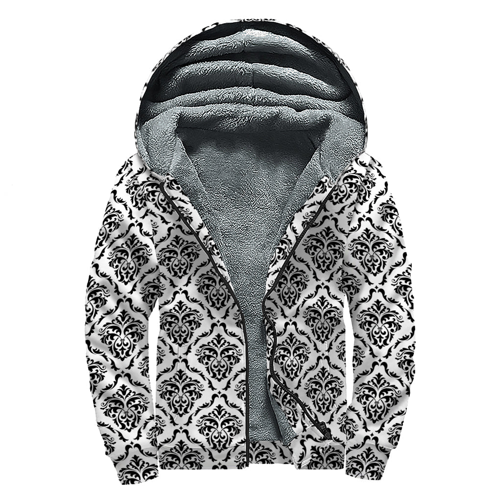 White And Black Damask Pattern Print Sherpa Lined Zip Up Hoodie