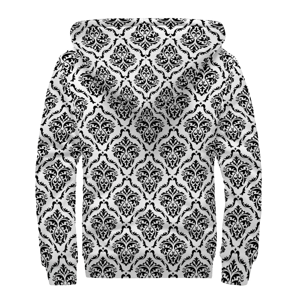 White And Black Damask Pattern Print Sherpa Lined Zip Up Hoodie