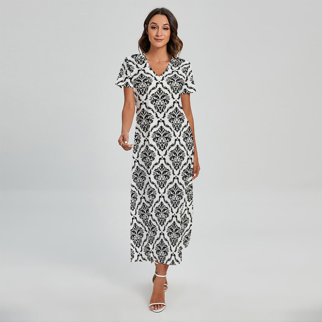 White And Black Damask Pattern Print Short Sleeve Maxi Dress