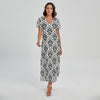 White And Black Damask Pattern Print Short Sleeve Maxi Dress