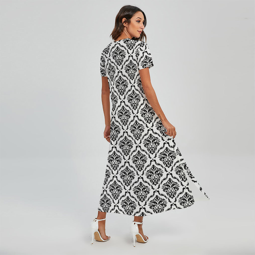 White And Black Damask Pattern Print Short Sleeve Maxi Dress