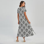 White And Black Damask Pattern Print Short Sleeve Maxi Dress