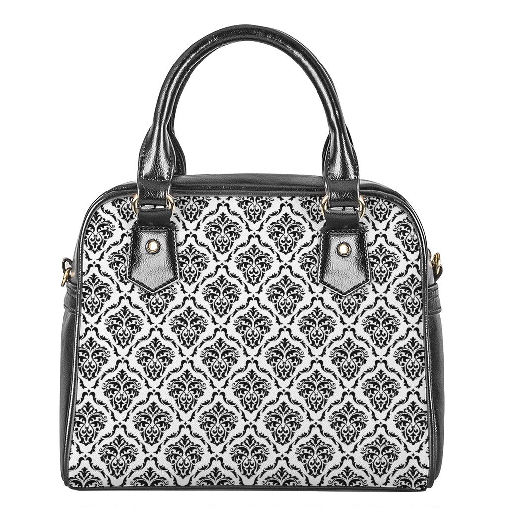 White And Black Damask Pattern Print Shoulder Handbag