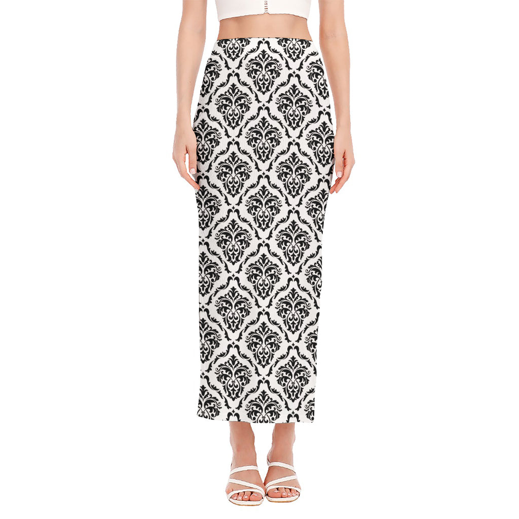 White And Black Damask Pattern Print Side Slit Maxi Skirt