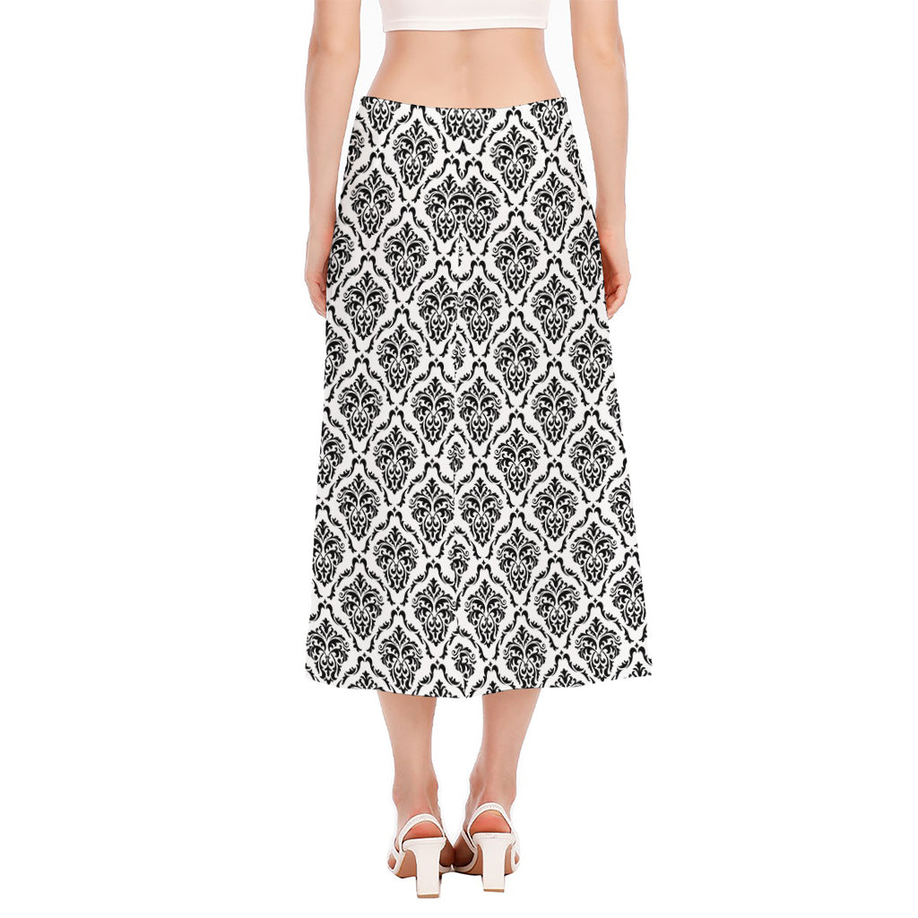 White And Black Damask Pattern Print Side Slit Midi Skirt