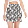 White And Black Damask Pattern Print Side Slit Mini Skirt