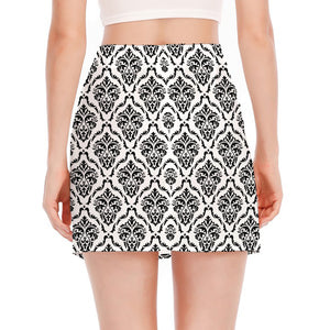 White And Black Damask Pattern Print Side Slit Mini Skirt