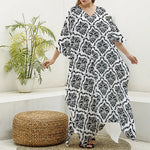 White And Black Damask Pattern Print Silk V-Neck Kaftan Dress