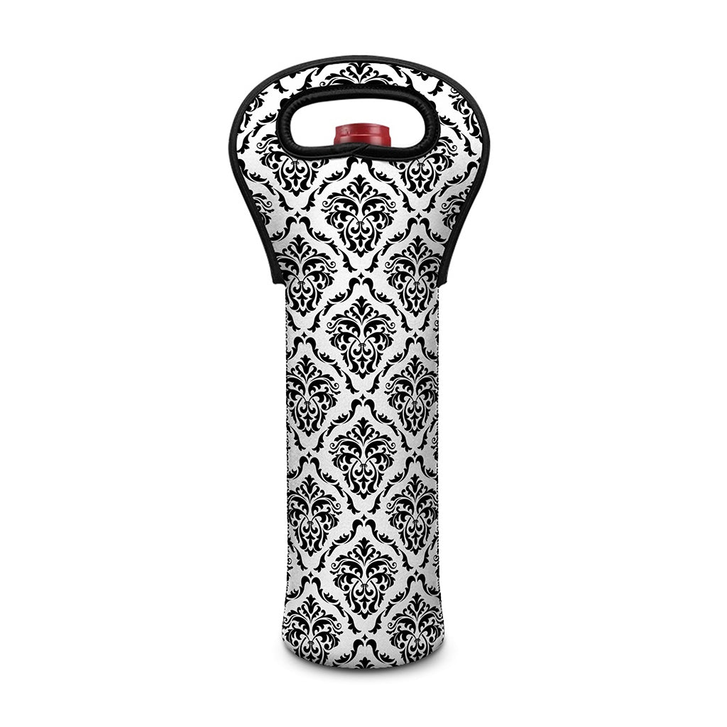 White And Black Damask Pattern Print Single Neoprene Wine Tote