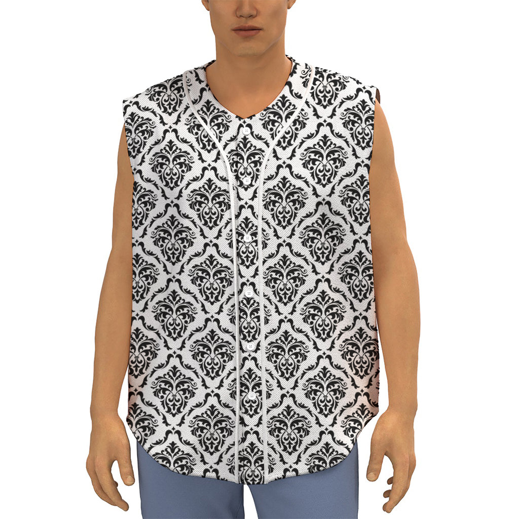 White And Black Damask Pattern Print Sleeveless Baseball Jersey