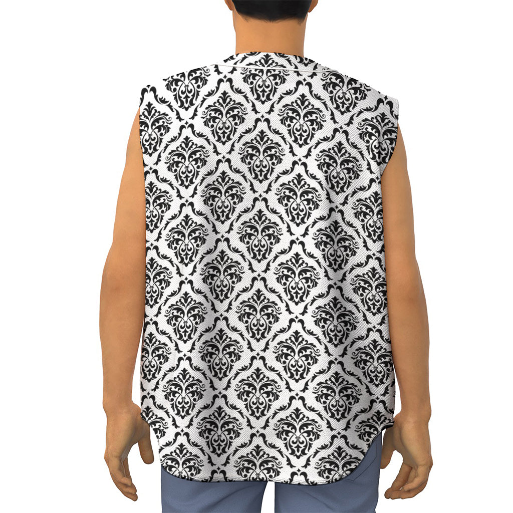 White And Black Damask Pattern Print Sleeveless Baseball Jersey