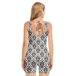 White And Black Damask Pattern Print Sleeveless One Piece Swimsuit