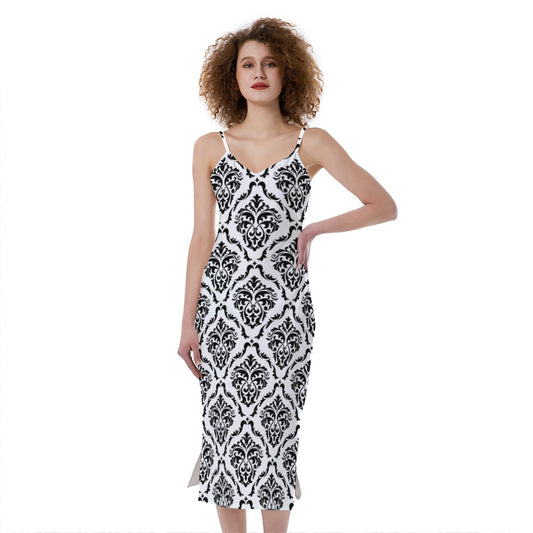 White And Black Damask Pattern Print Slim Fit Midi Cami Dress